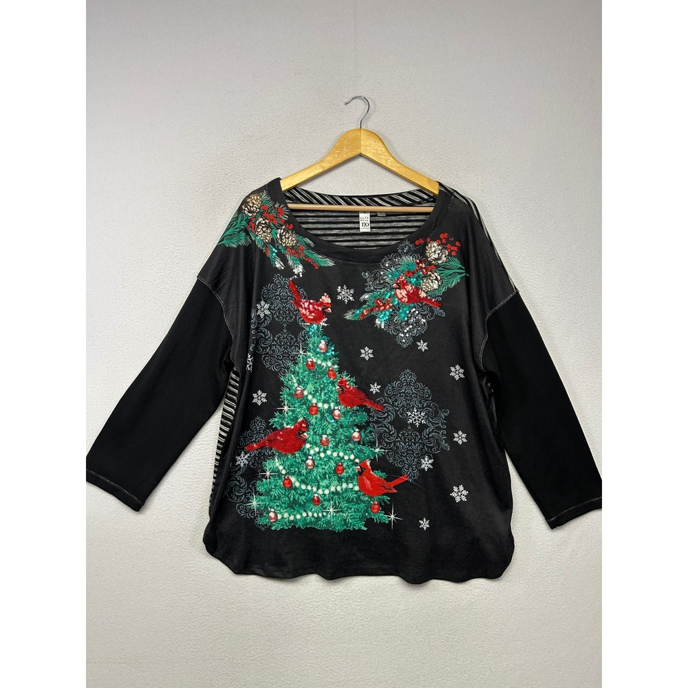 Holiday Festive Thomas & Olivia Womens 1X Black Cardinal Christmas Tree Top
